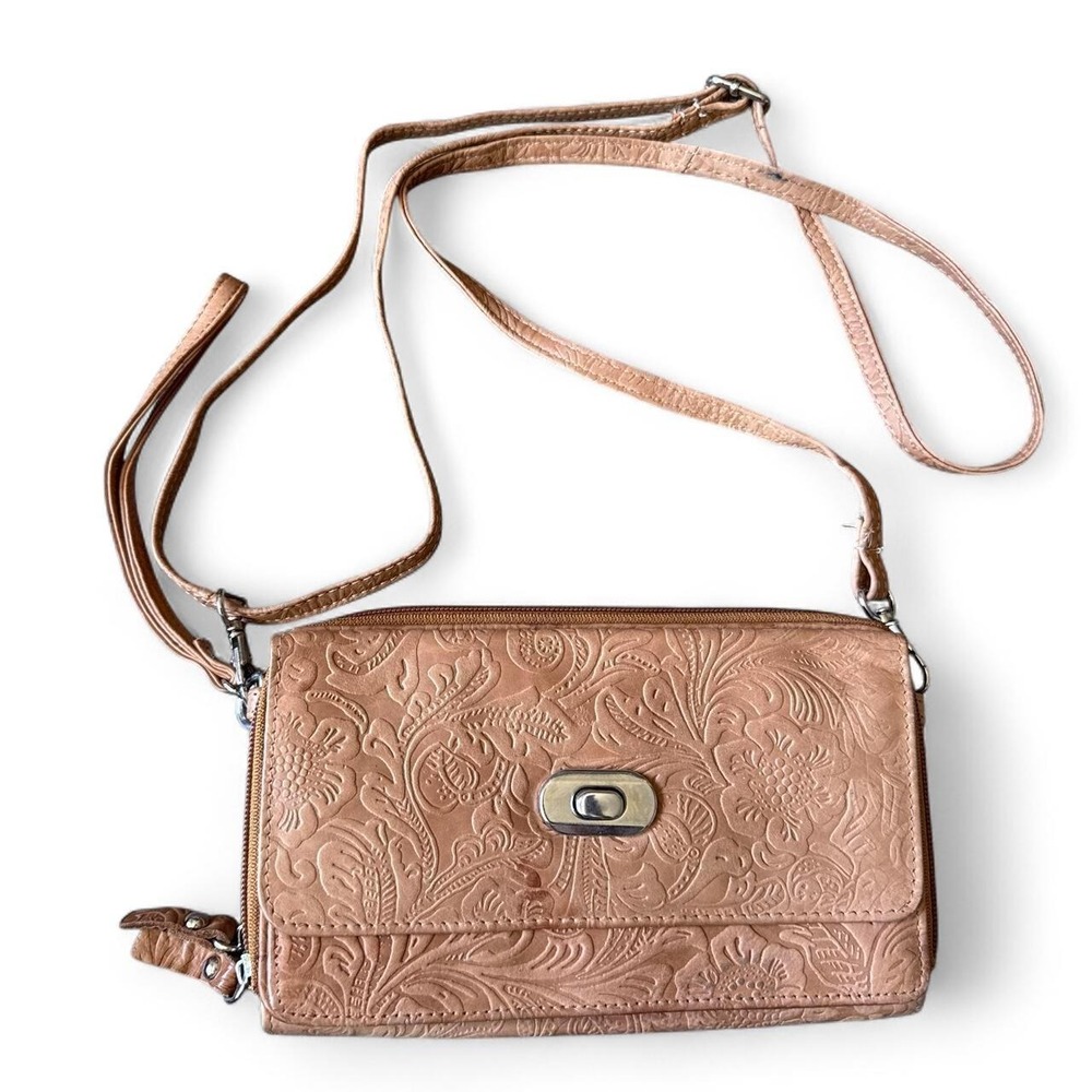 BUENO genuine TAN leather wallet with crossbody bag